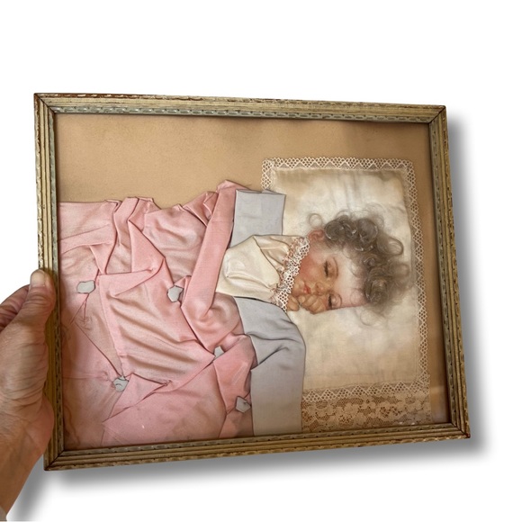 Antique Framed Picture of Sleeping Child 3D w/ Blanket, Nightgown, & Hair Locks - Picture 3 of 5
